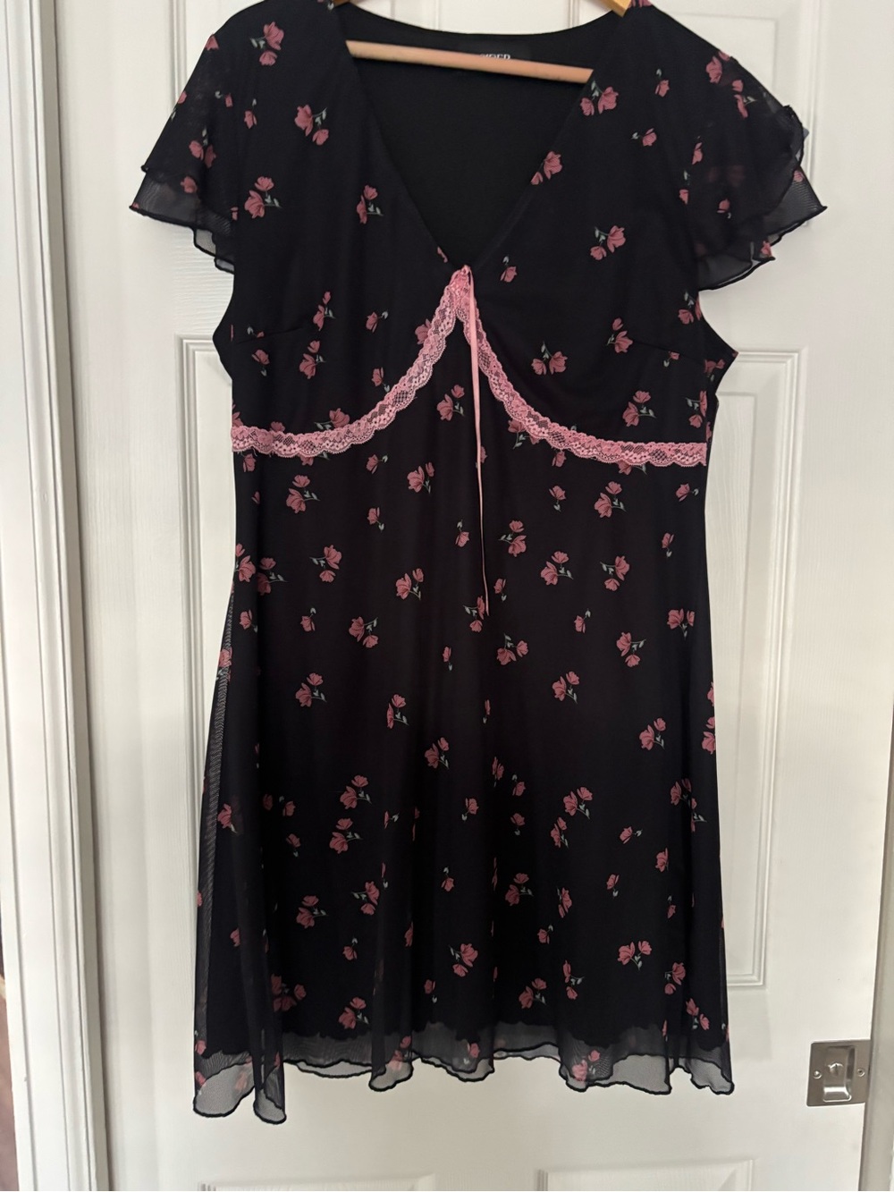 Cider Black & Pink Floral Lace-Trim Dress
